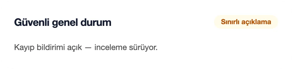 GemsTrace genel durum: kayıp bildirimi açık, sınırlı açıklama.
